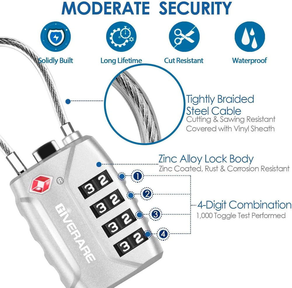 2-Pack TSA Cable Combo Locks 4-Digit, TSA Approved, Weatherproof, Black & Silver