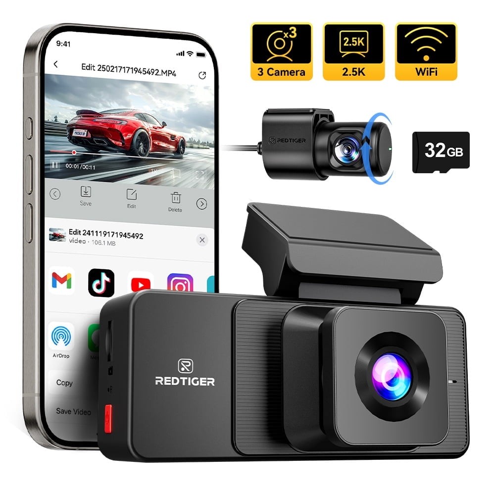 REDTIGER A3 3 Channel Dash Camera With 32GB Card 2.5K+1080P+1080P IRCamera