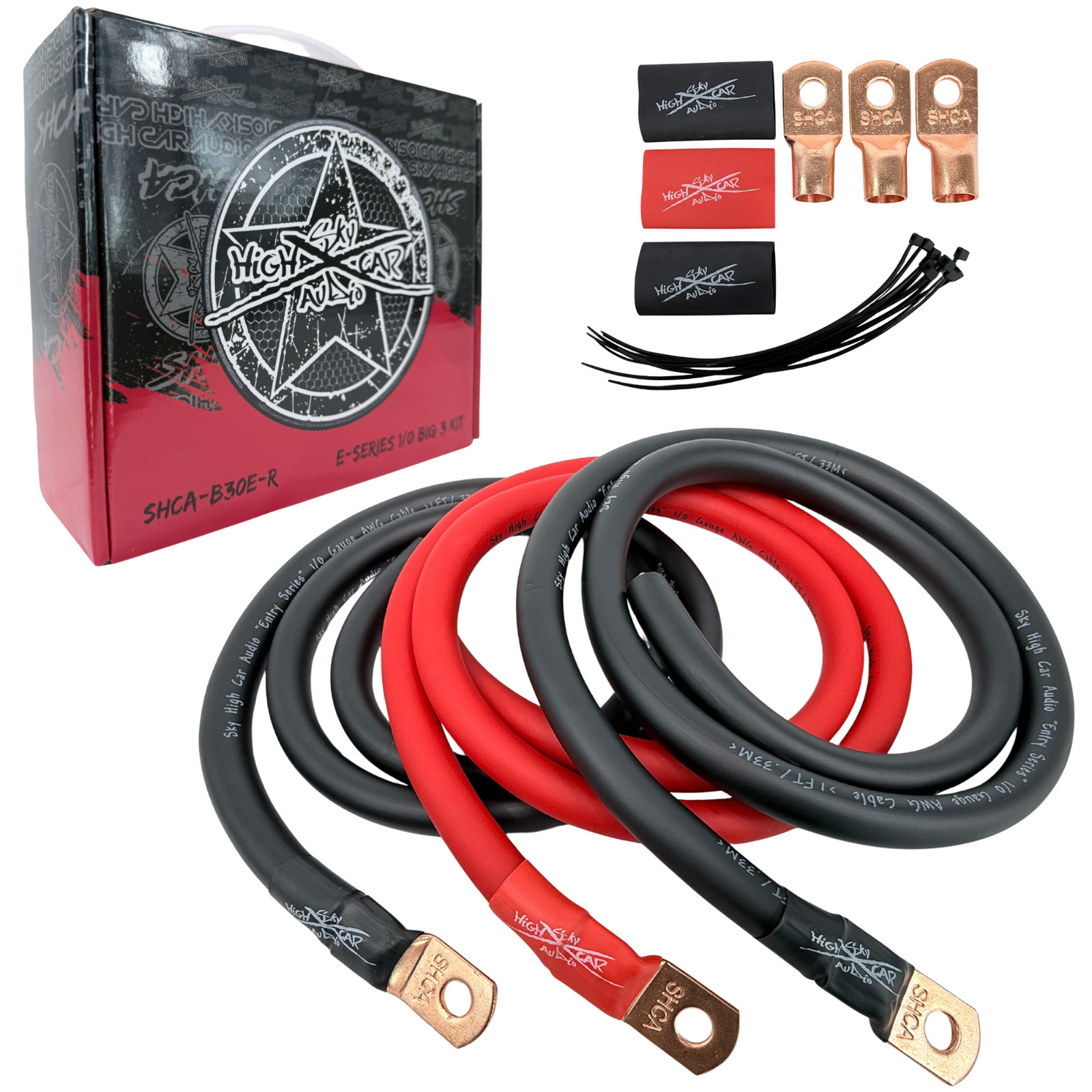 Sky High Car Audio E-Series 1/0 Big 3 Upgrade RED/BLACK Electrical Wiring Kit
