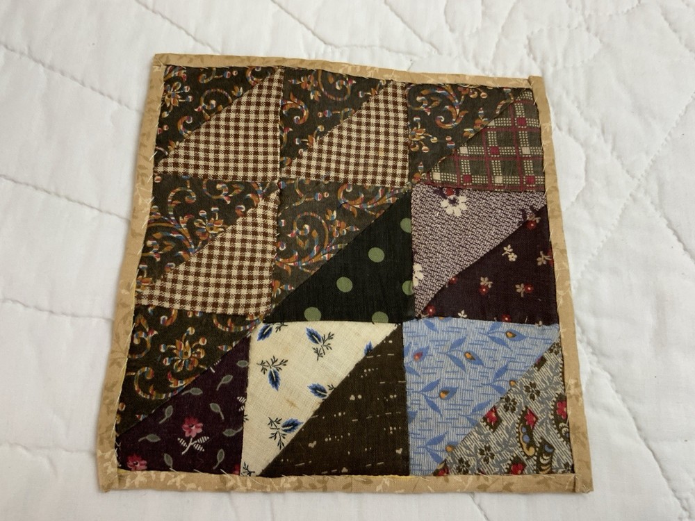 Antique Patchwork Quilt Table Topper, Nine Patch, Triangle, Early Calicos, Brown