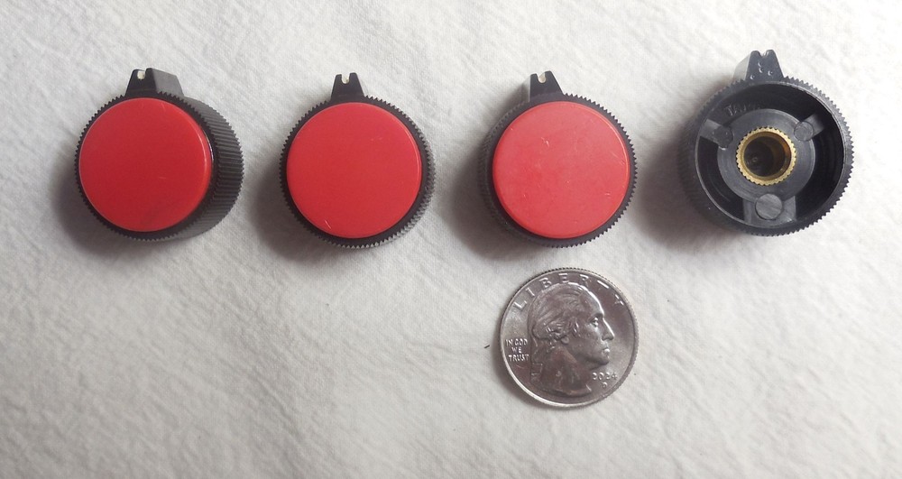 Qty(4) USED Black & Red Plastic Electronic Knobs 1/4 Shaft