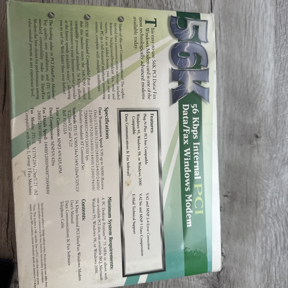 56K Internal Data/Fax Modem PCI Version Windows New Sealed Software Included