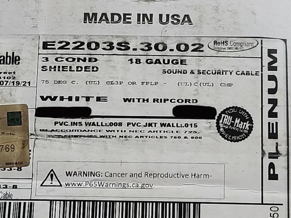 Carol E2203S 18/3C Shielded Control/Communications Cable Plenum White /50ft