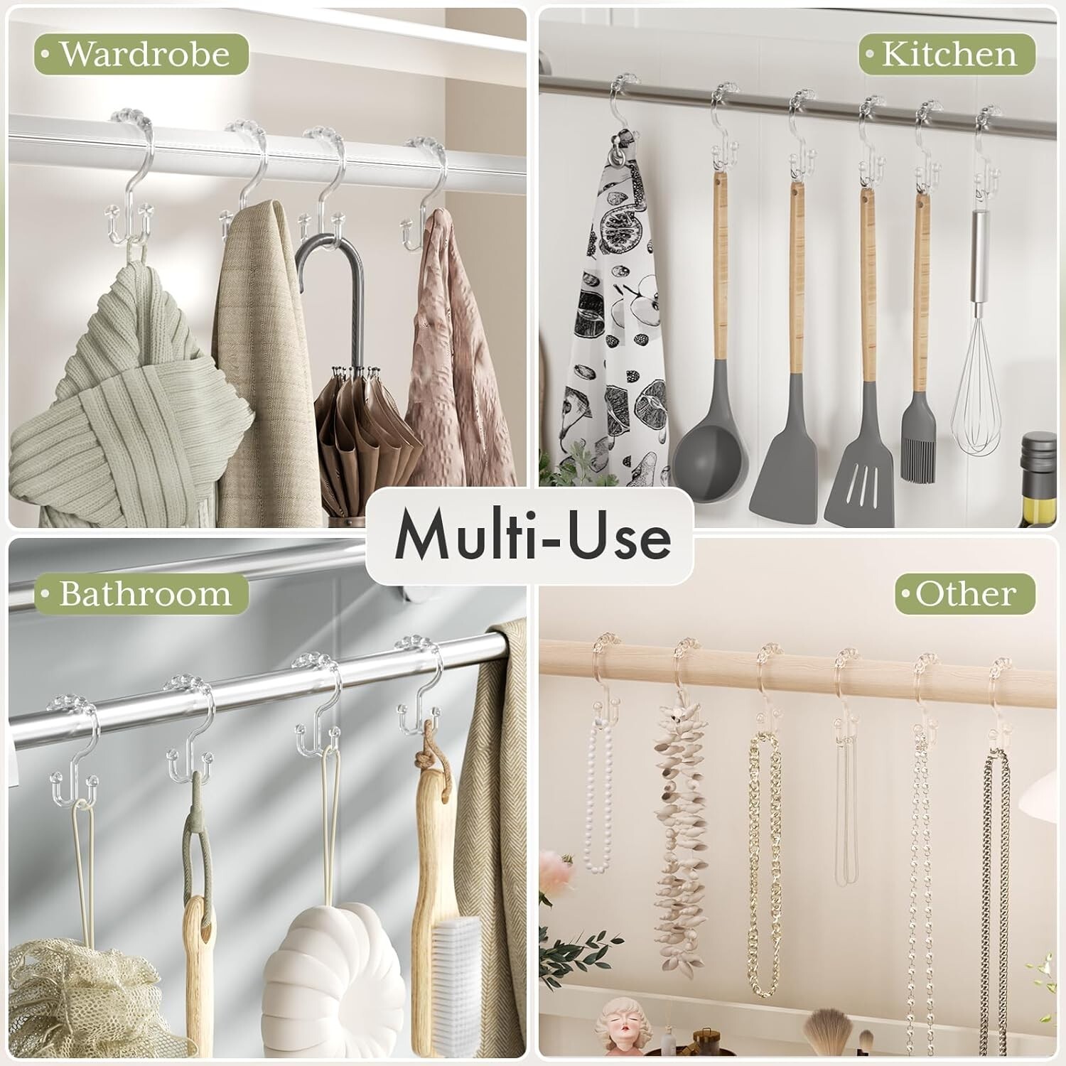 Amazer Plastic Shower Curtain Hooks Double Clear Bathroom Set of 12