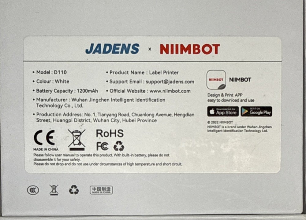 Jadens D110 Label Maker Machine White 1 Tape Roll Portable Bluetooth Printer NIB