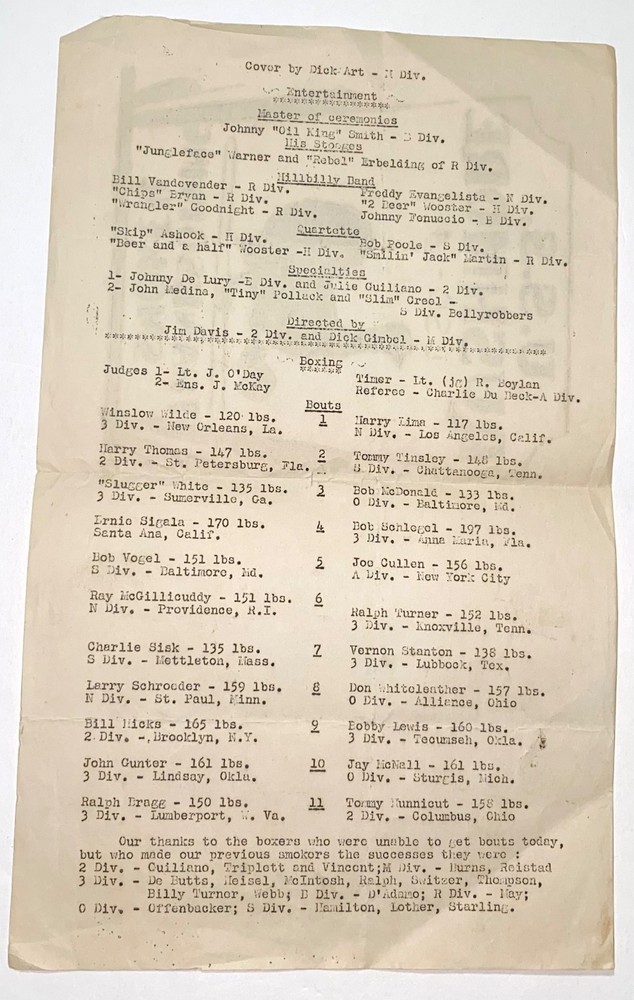 Rare American WWII Navy USS Rushmore Thanksgiving Smoker Boxing Program! 1944!