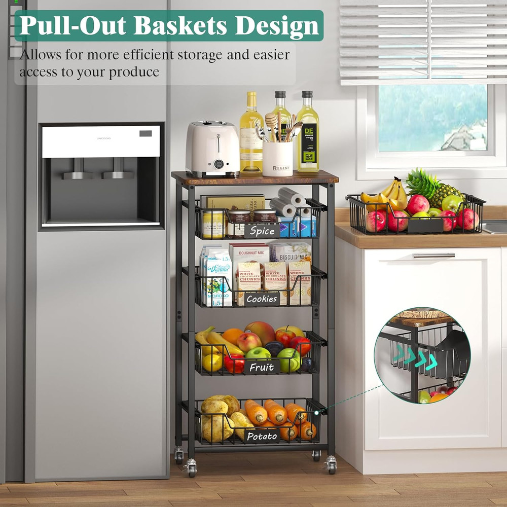 5-Tier Vegetable Fruit Basket Kitchen Storage Rolling Cart on Wheels with Pull-O