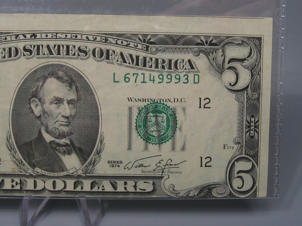 ERROR Note: 1974 $5 FRN Note. 2nd Print Shift Off-Center Error.