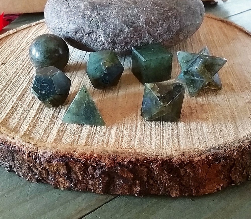 7 PC LABRADORITE SACRED GEOMETRY SET, LABRADORITE GEOMETRY SET, 7 CRYSTAL SET