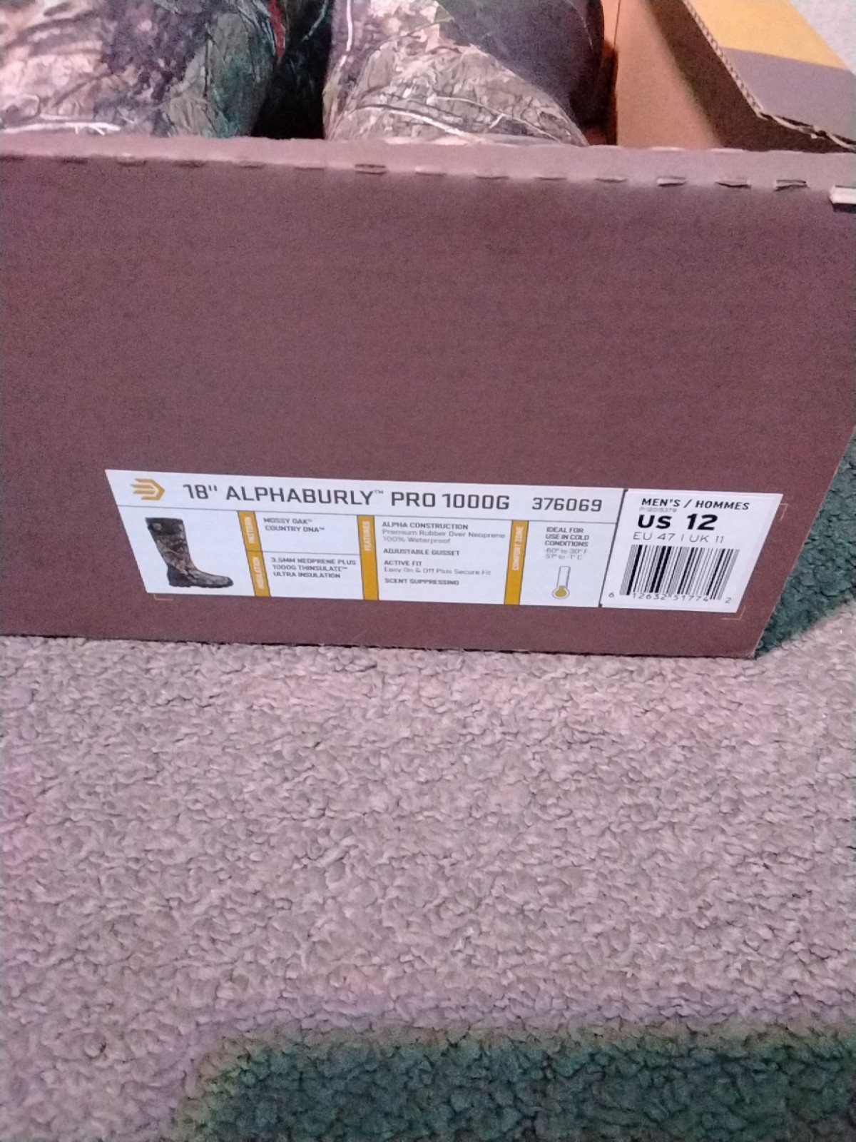 Lacrosse Alphaburly Pro 18” Boot Mens Sz 12 Mossy Oak Infinity 1000g Scent Free