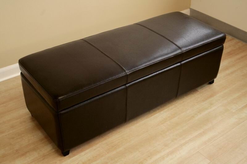 Modern Full Leather Ottoman Storage Bench Rectangle Dark Brown