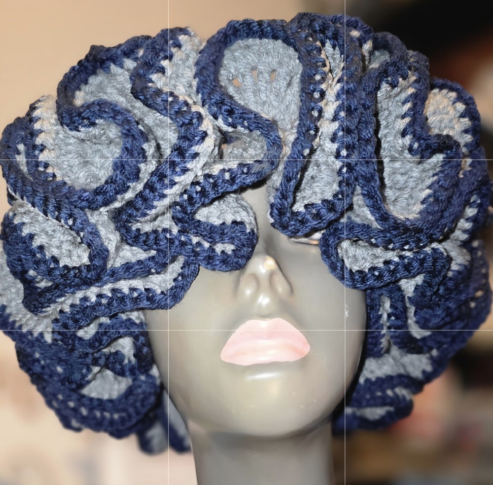 Handmade Crochet Blue and Gray Ruffled Hat