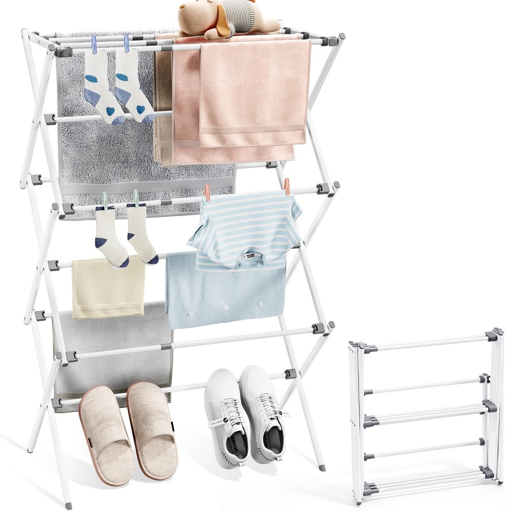 Clothes Drying Rack, Adjustable Width, Space Saving Design, White
