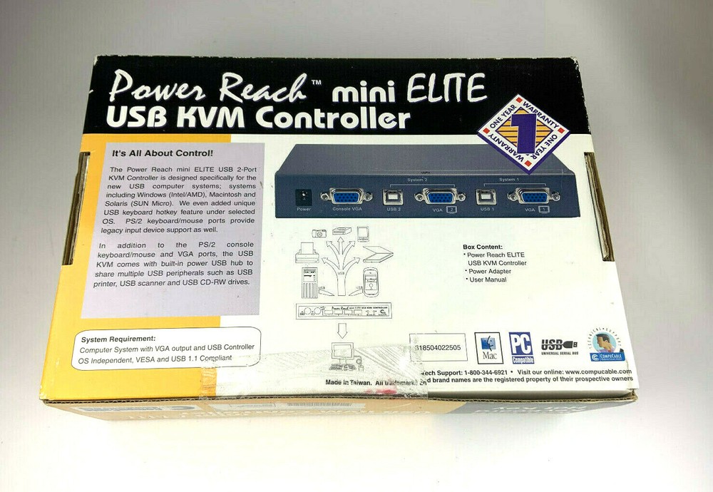 CompuCable Power Reach Mini Elite 4 Port USB KVM Controller KVM-201PRMEU