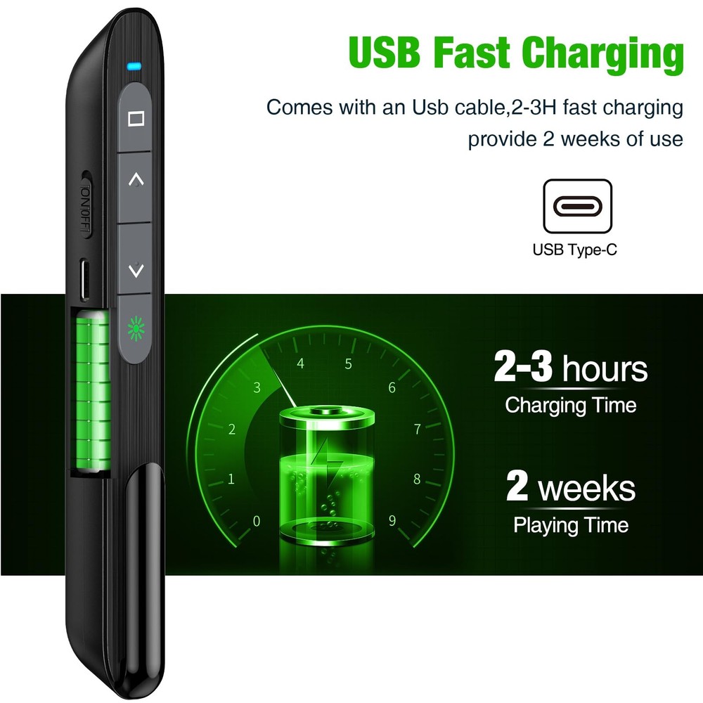 USB C Wireless Presentation Clicker with Green Light & Volume Control