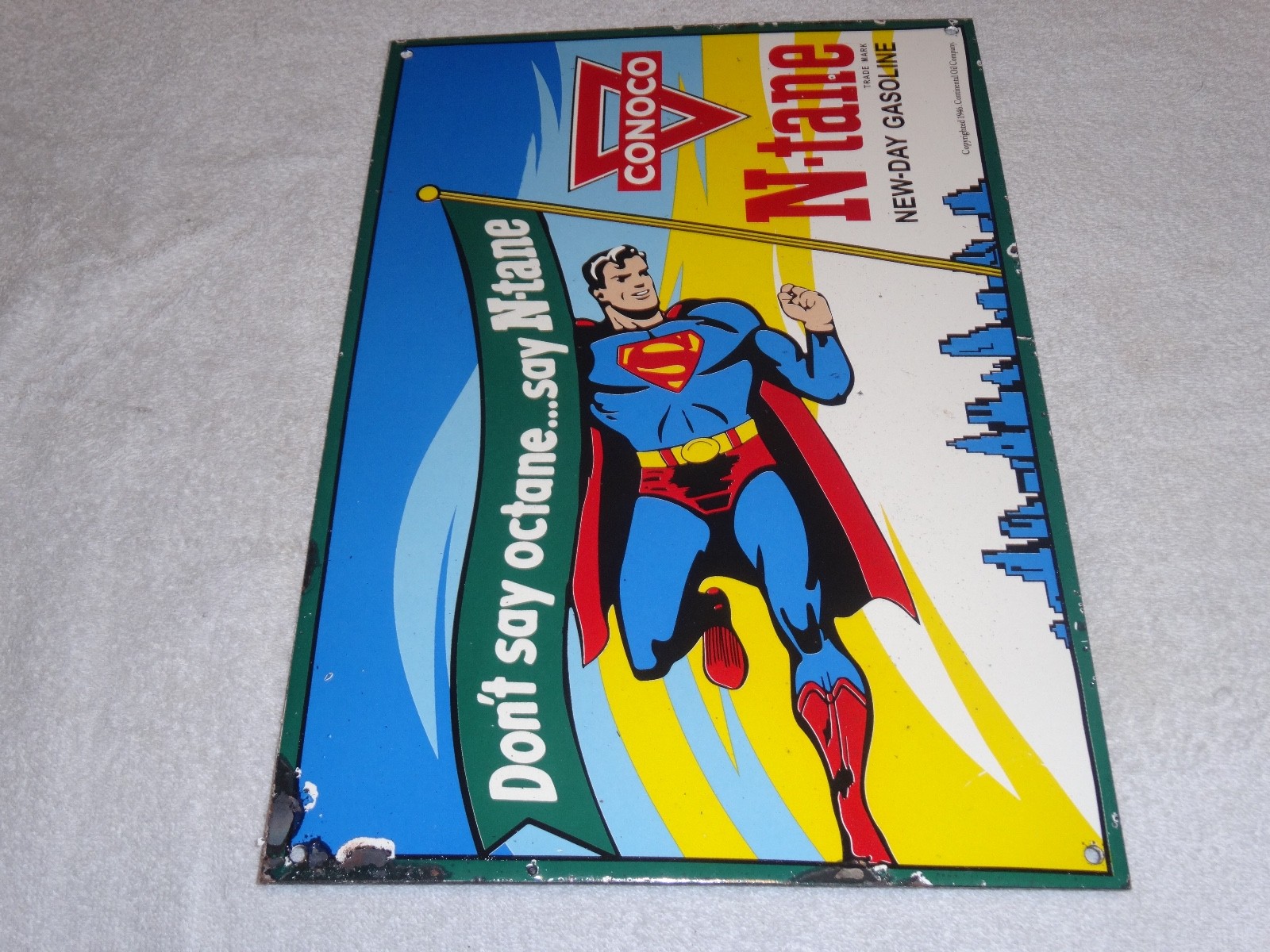 VINTAGE 1946 CONOCO N-TANE SUPERMAN GASOLINE 16" PORCELAIN METAL COMIC BOOK SIGN