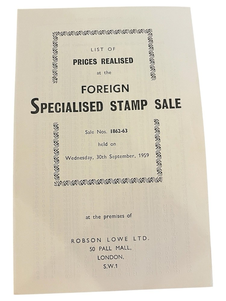 1959 Robson Lowe Foreign Stamp Auction Catalogue + Prices Realised & Bid Form