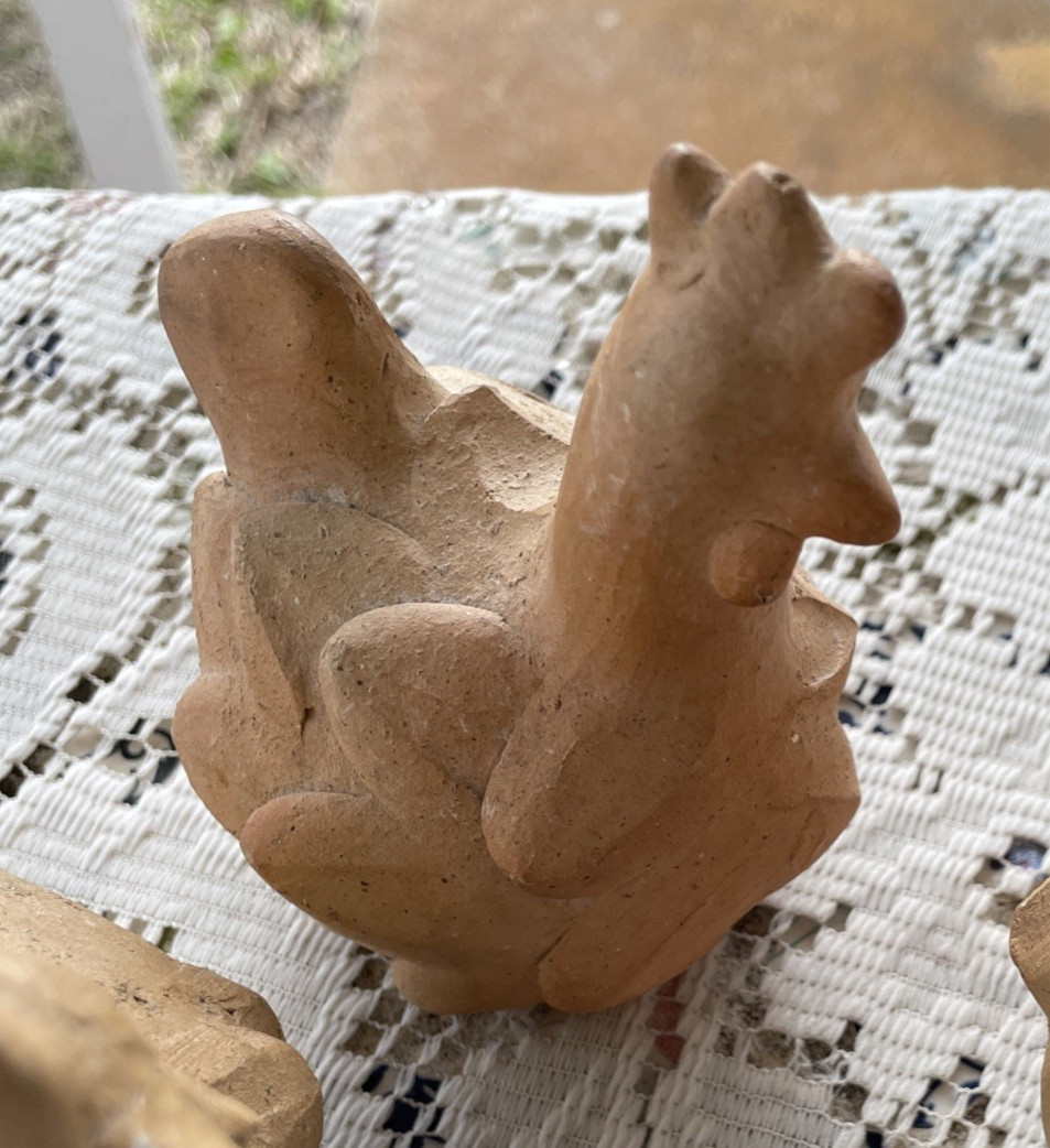 Vintage Set of 3 TERRA COTTA CLAY POTTERY Unique CHICKEN HEN ROOSTER 5"