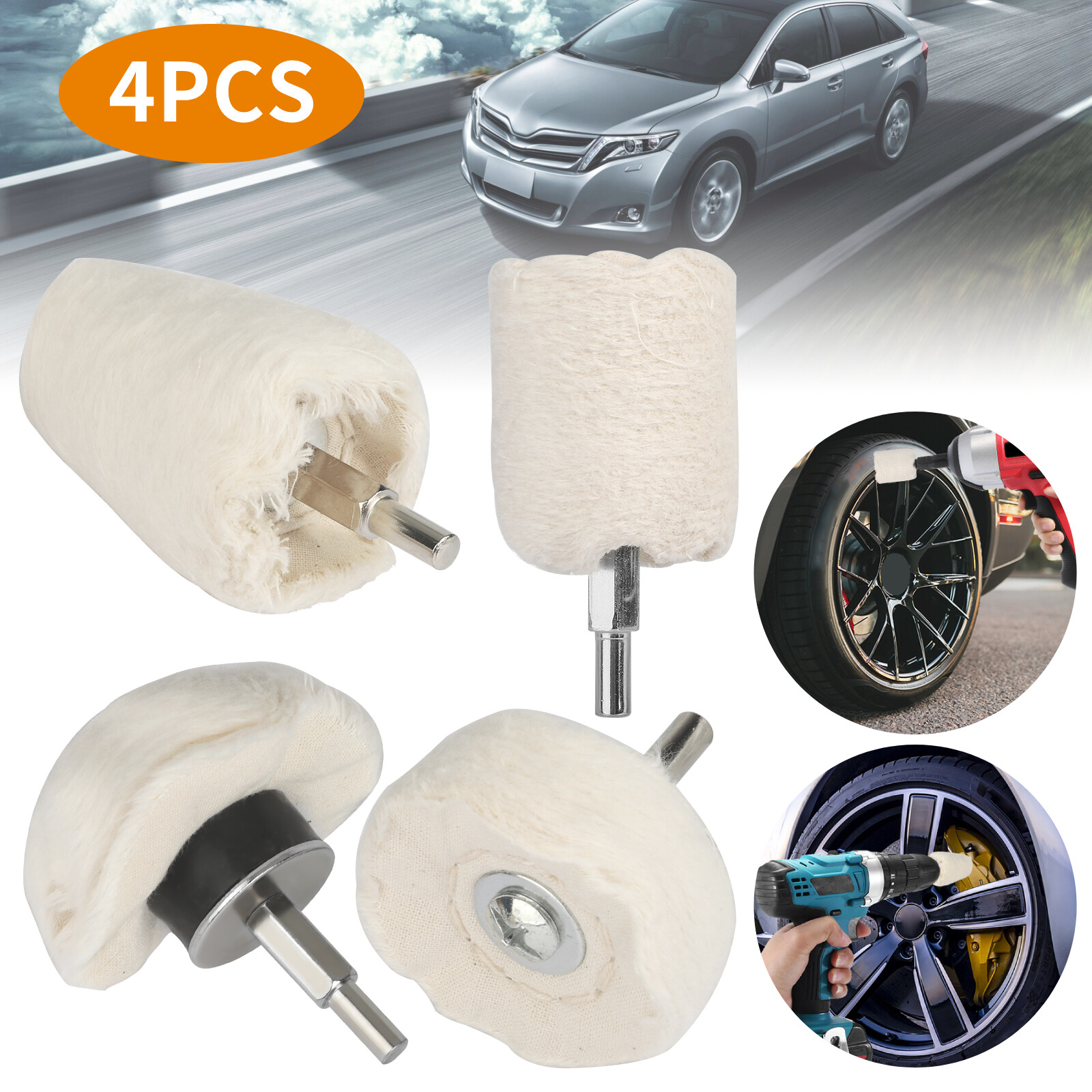 4Pcs White Cotton Pad Polishing Buffing Wheel Rims Car Motorcycle Kit For Drill