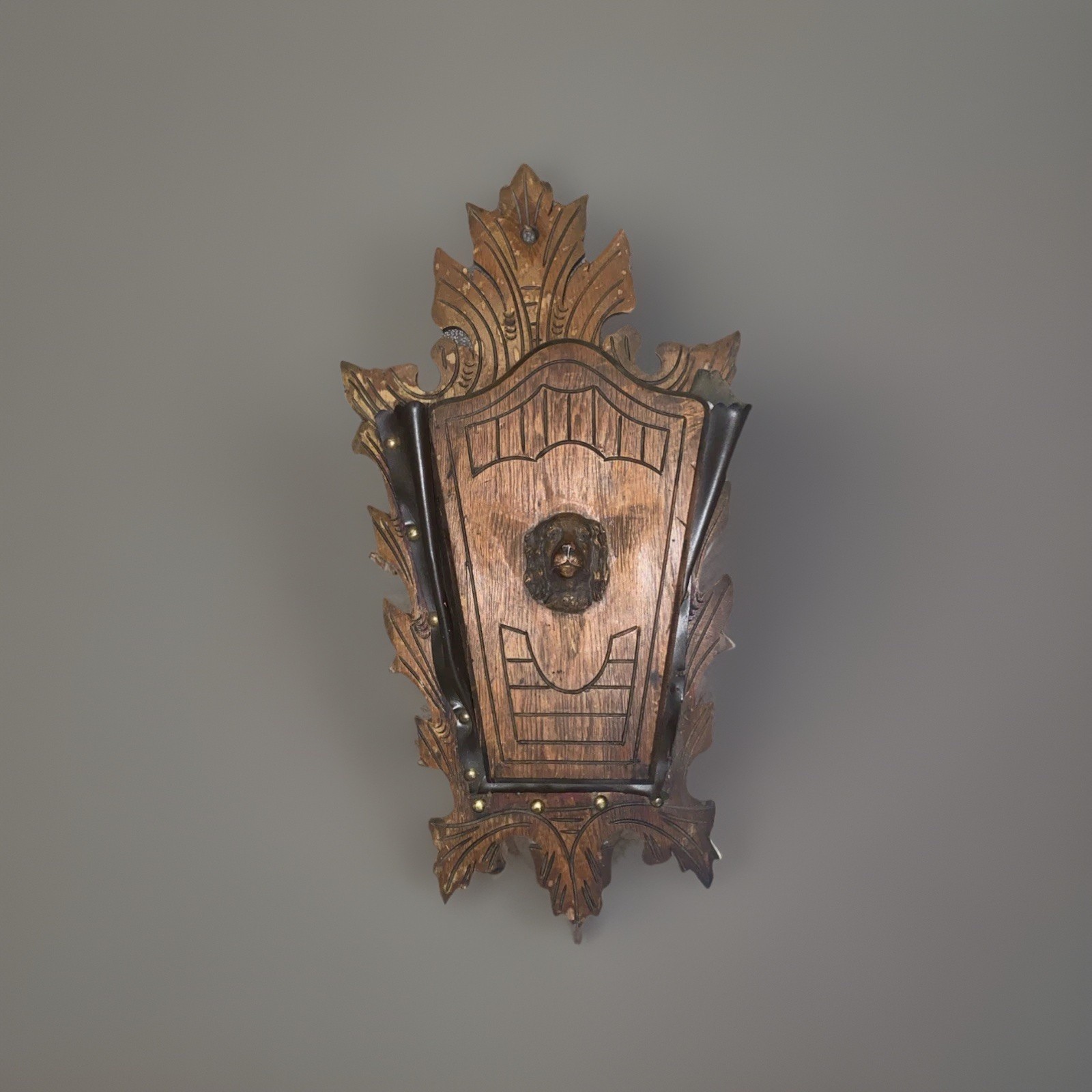 Antique Victorian Walnut Wall pocket Magazine Newspaper Rack Holder Spaniel Dog