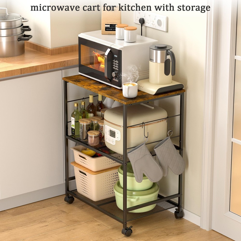 Rolling Kitchen Microwave Cart, 3 Tier Microwave Table Stand with Storage, Ki...