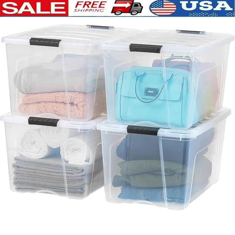 Stackable Clear Storage Bins W/ Locking Lids Pull Handles BPA Free 4 Pack New