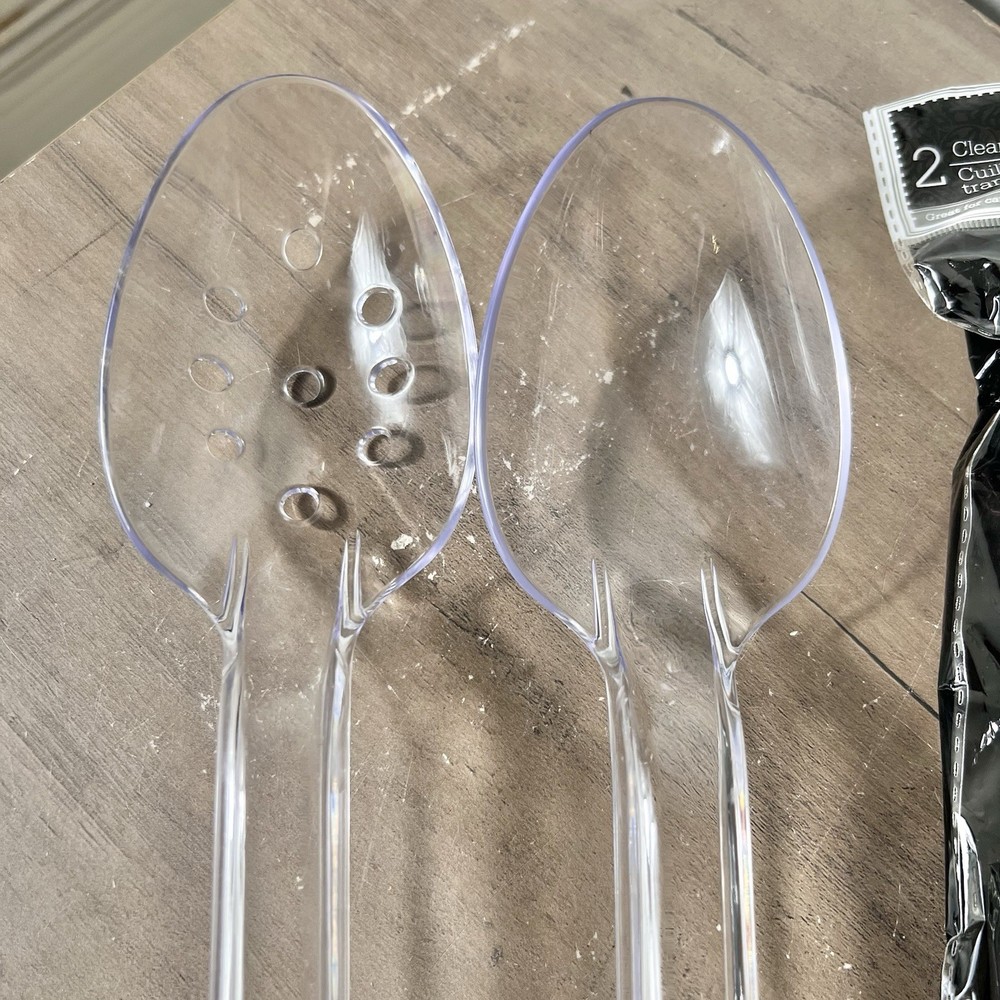 Clear Plastic Serving Spoon Set 2 Packs (2 Slotted 2 Solid) 12” Vtg 2001 READ