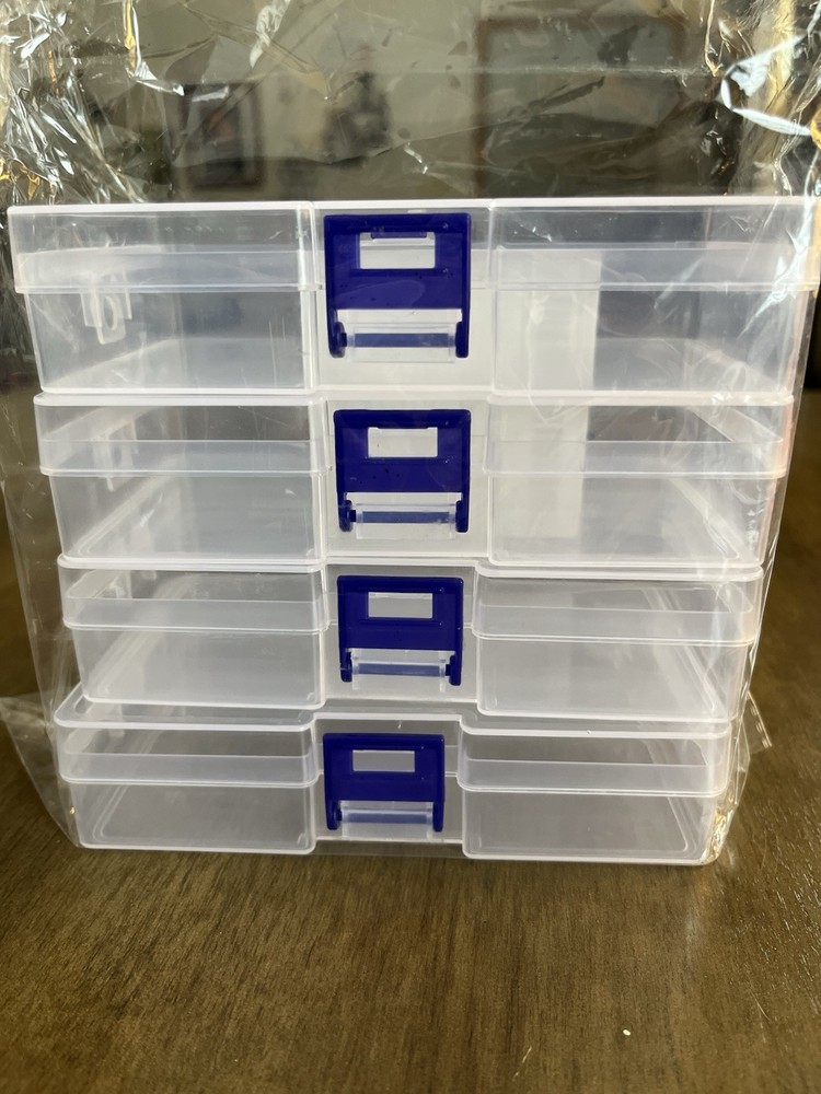4 Clear Plastic Locking Craft Boxes with Blue Handles, Small Matte