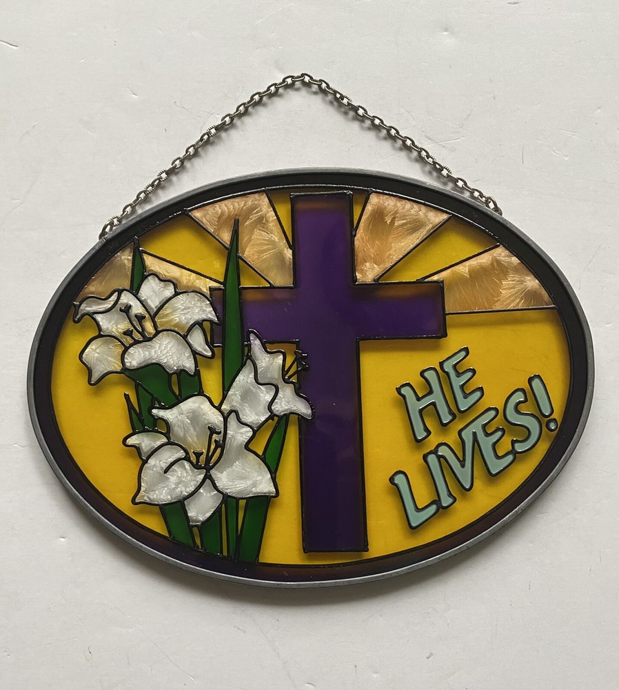 OVAL 6.5” GLASS Sun Catcher Cross Religious  Easter 3D Decoration