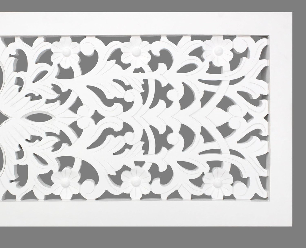 Rustic White Solid Wood Queen Headboard with Hand-Carved Design