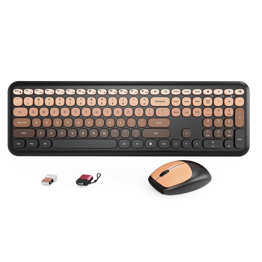 Wireless Keyboard Mouse Combo FullSize Retro Typewriter Round Keycaps Red Set