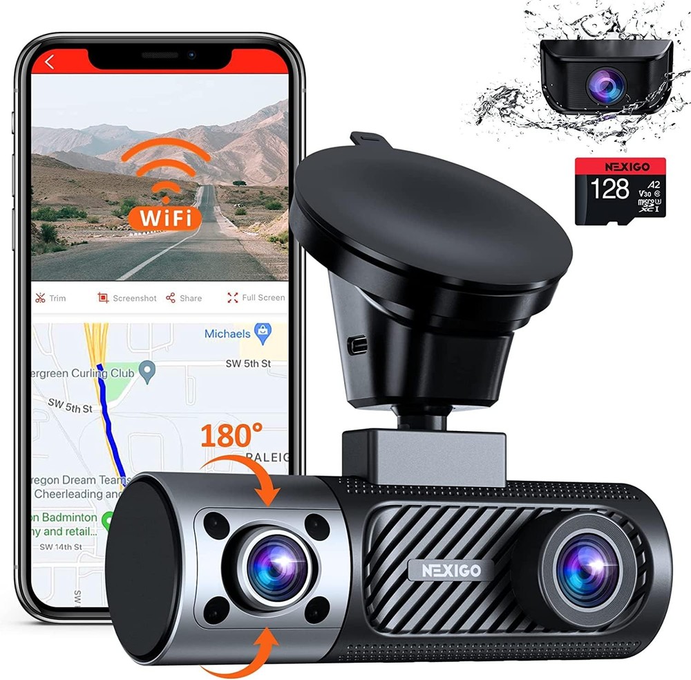 NexiGo 3 Channel Dash Cam with Rotatable Interior/Front Camera