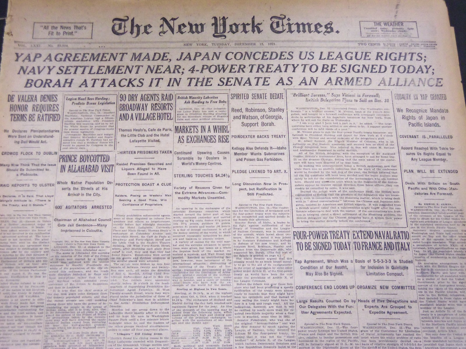 1921 DECEMBER 13 NEW YORK TIMES - YAP AGREEMENT MADE - NT 5091