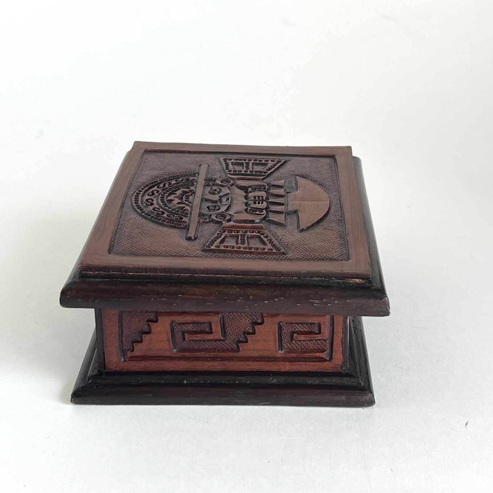 Engraved Wood Jewelry Trinket Box Peruvian Inca God of Creation With Mirror 5.5