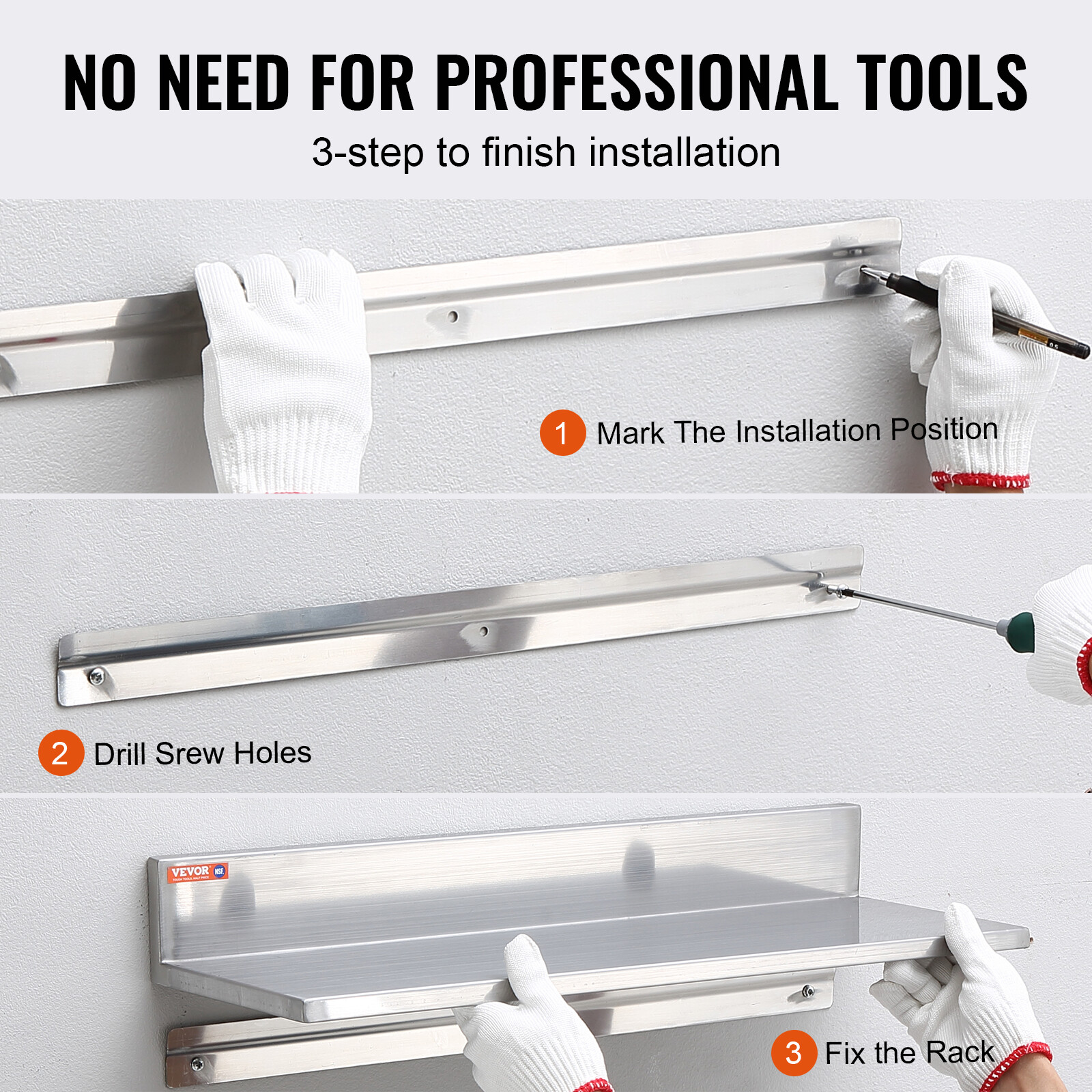 2pcs 16" x 8.6" Stainless Steel Wall Mounted Shelf Kitchen Restaurant Shelving