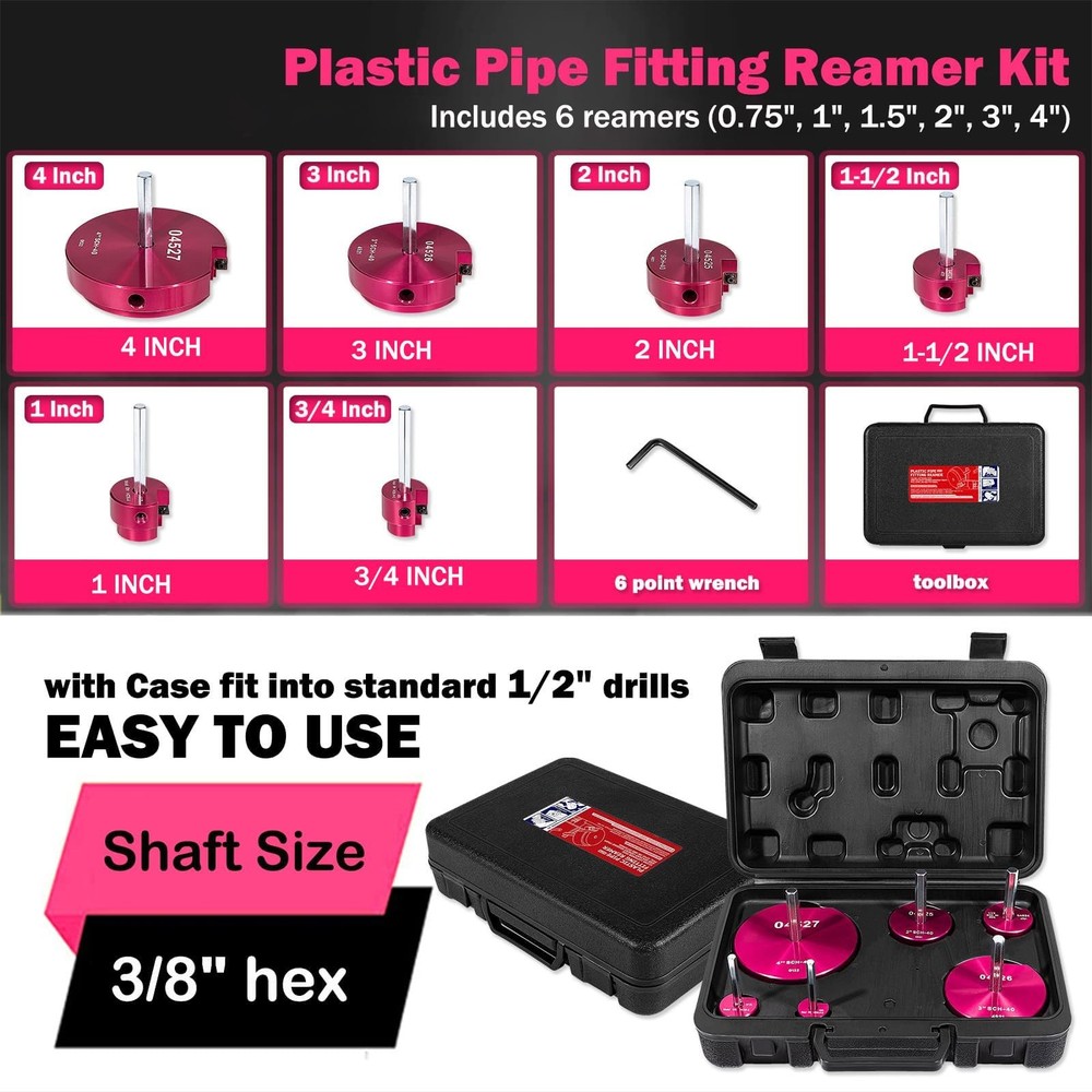 6 Piece Plastic Pipe Fitting Reamer Kit for 1/2" Drill, Includes 0.75", 1", 1...