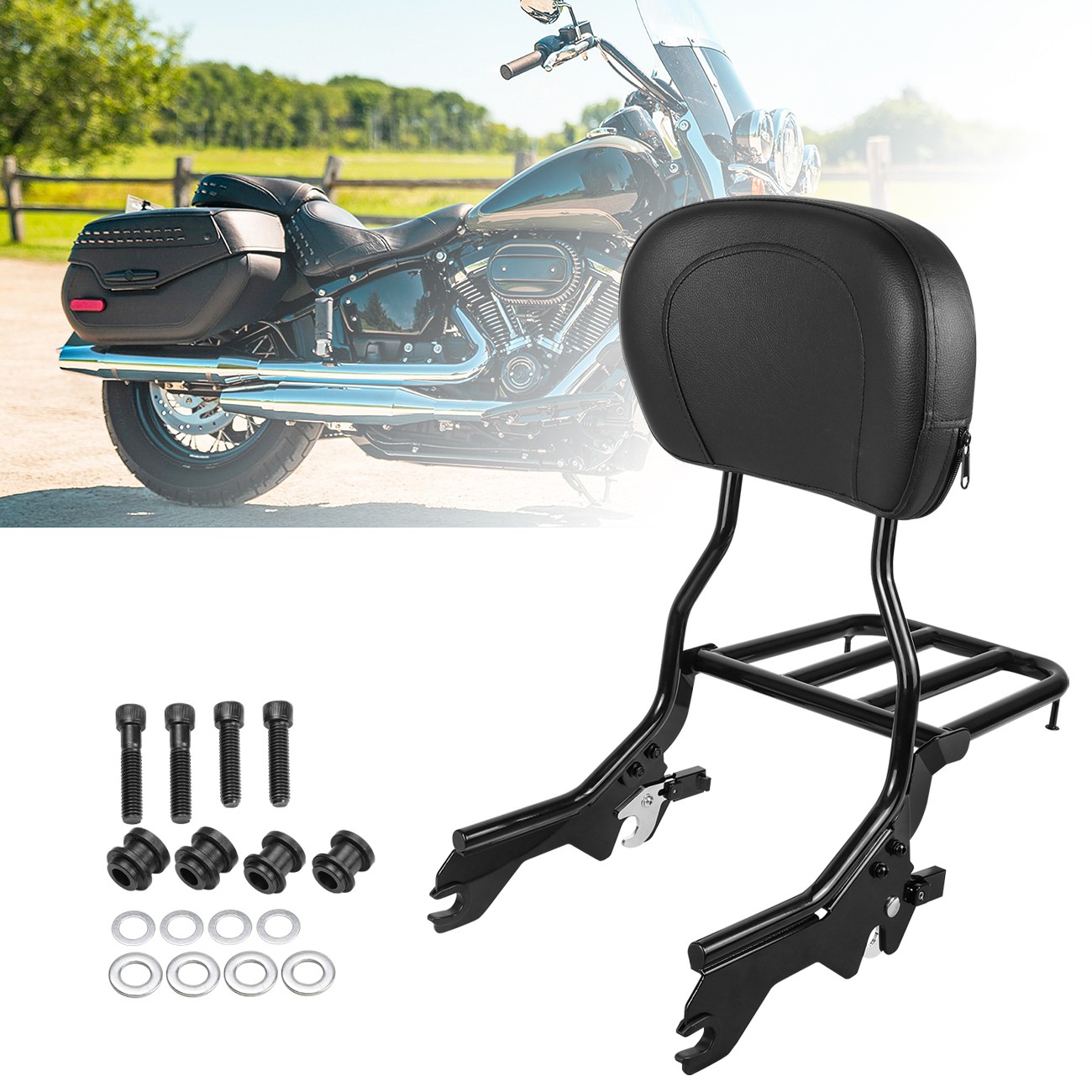 Detachable Backrest Sissy Bar with Luggage Rack For Harley Softail FLHC FXBB 18+