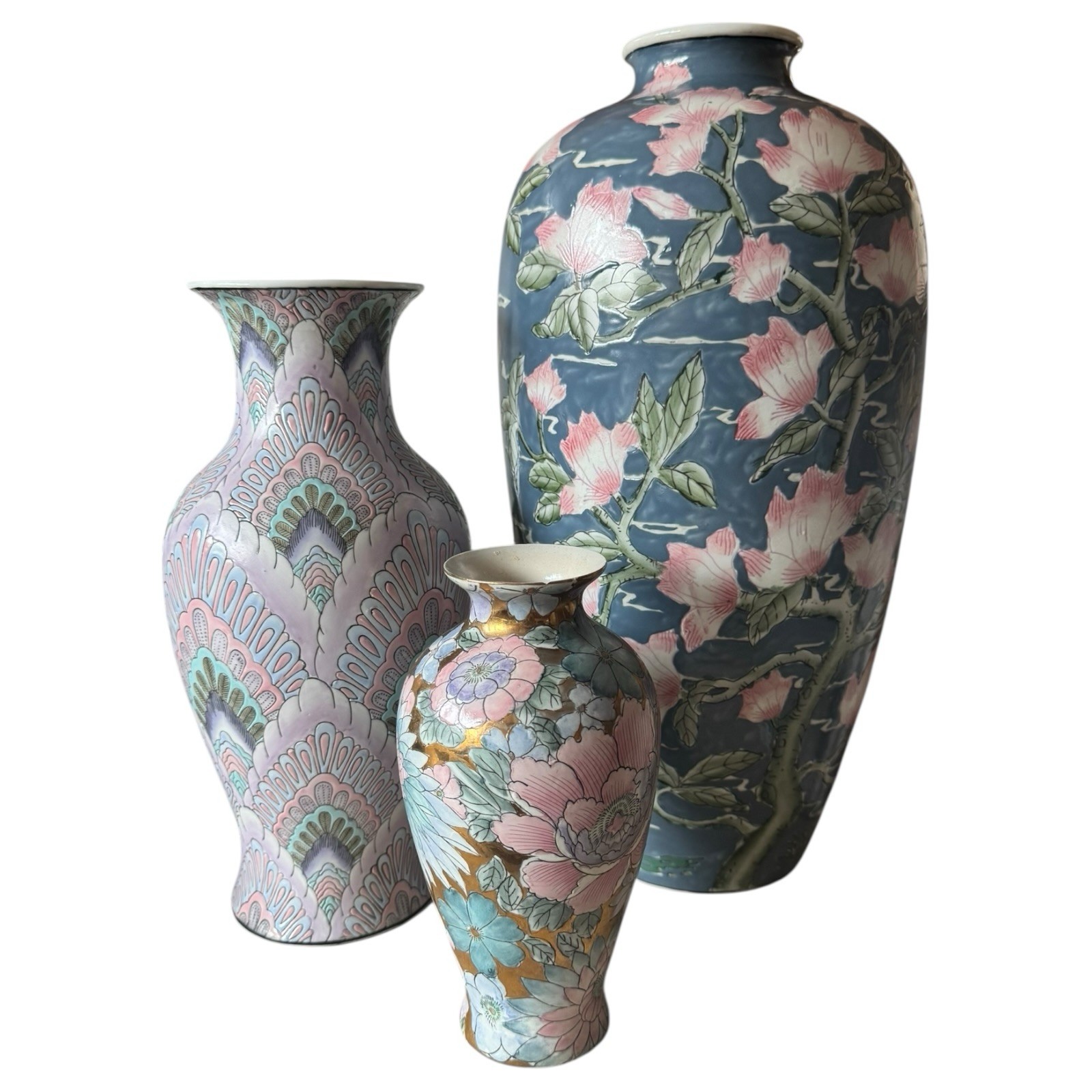 Vintage 8” Vase Chinoiserie Golden Peony Pastel Pink Purple Blue Toyo Macau 1970