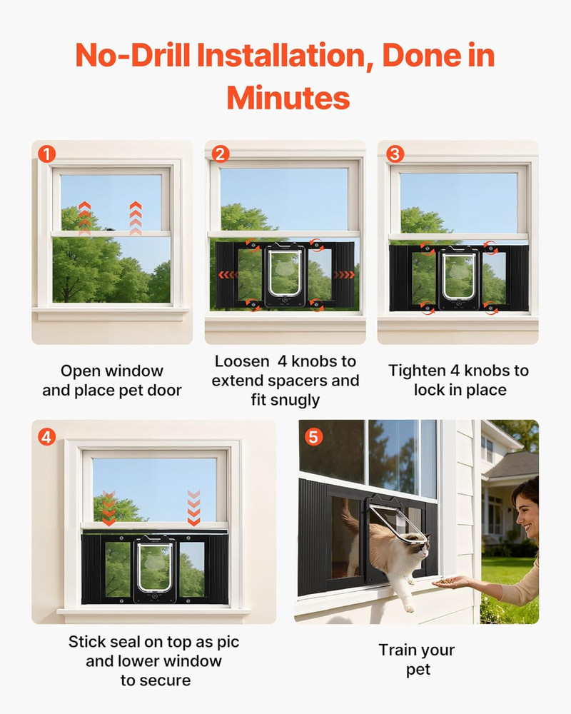 Cat Door for Window, Adjustable to Fit Window Width 27"-32", 4 Secure Lock Modes