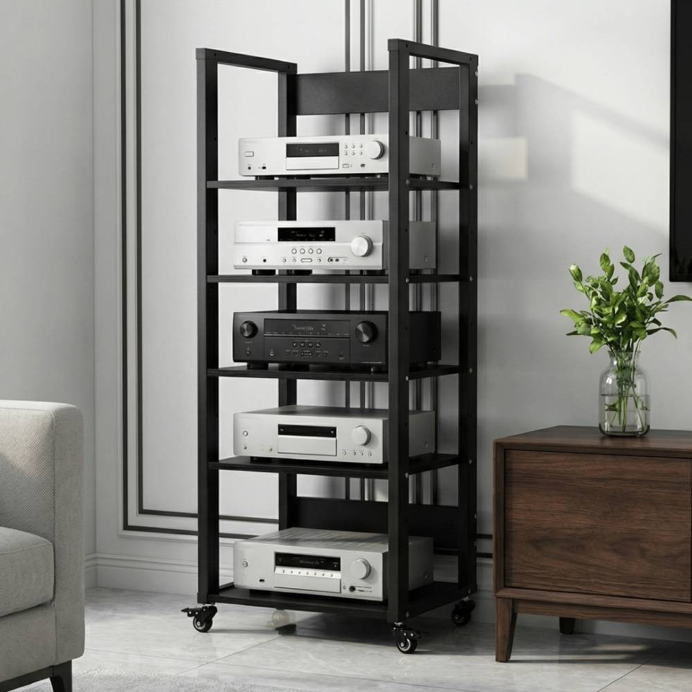 5-Tier AV Media Stand, Audio-Video Shelving with Wheels, Adjustable Media Consol