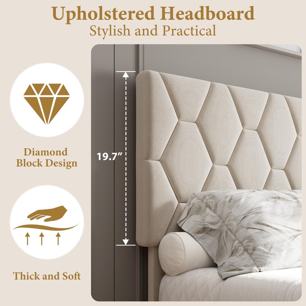 King Size Modern Platform Bed Frame with Upholstered Headboard, Easy Assembly