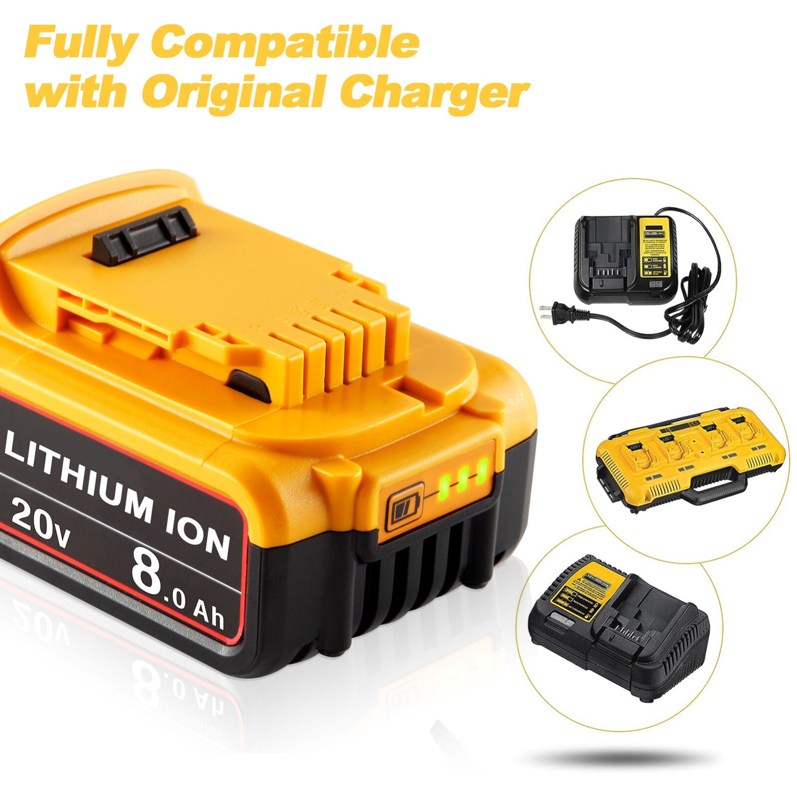 2Pack Lithium Ion Battery For DeWalt 20V 20 Volt Max 8.0AH DCB205 DCB206 DCB200