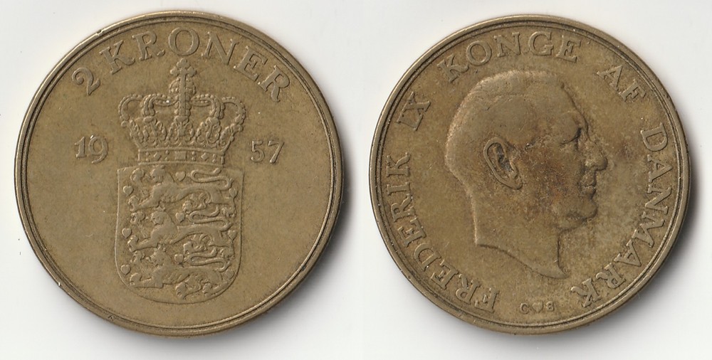 1957 Denmark 2 kroner coin