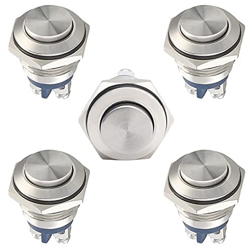 5pcs 16mm Momentary Push Button Switch Sliver Shell, IP65 16mm Silver Shell