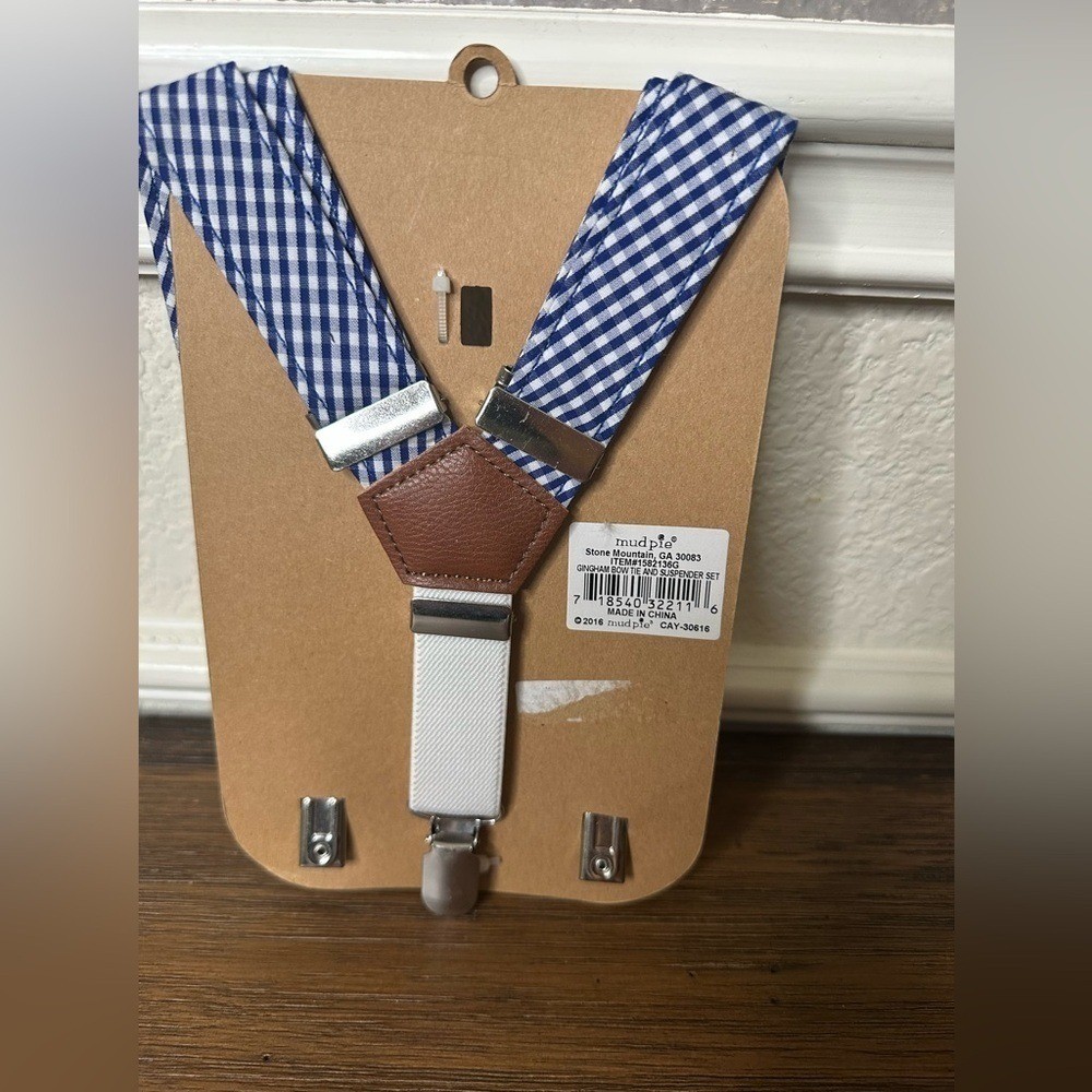 Mudpie Toddler Blue Gingham Suspenders Fits Up to 5T, New