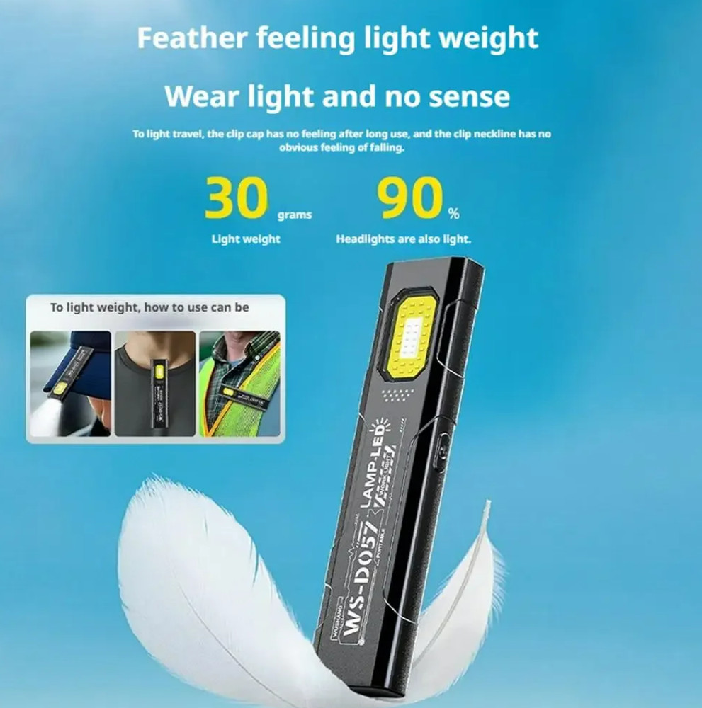 Portable USB Rechargeable Flashlight + Side Light Torch Mini Work COB LED Clip