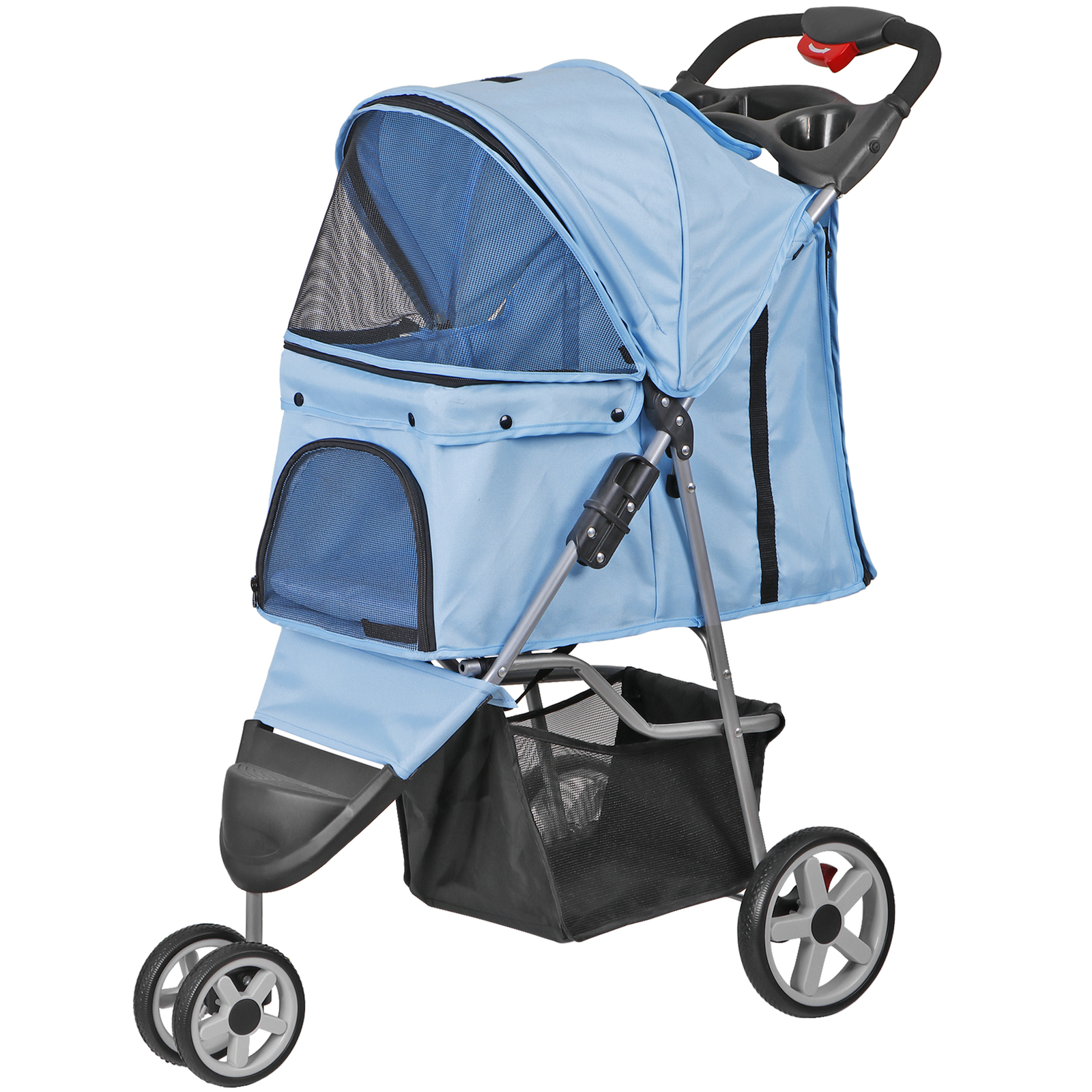 Foldable Pet Stroller for Cats and Dogs 3 Wheels Carrier Cart w/Cup Holder Blue