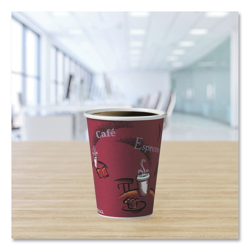SOLO 412SINPK 12 oz. Paper Hot Drink Cups in Bistro Design - Maroon (50/PK) New