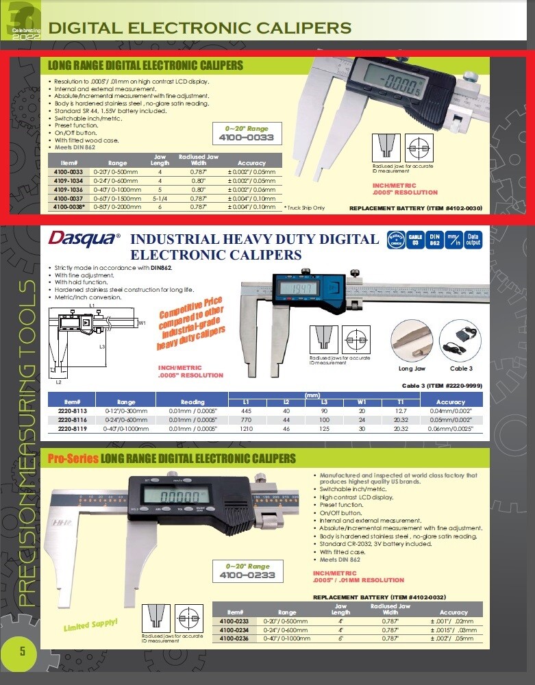 20" / 500MM LONG DIGITAL ELECTRONIC CALIPER 4" JAWS (4100-0033)