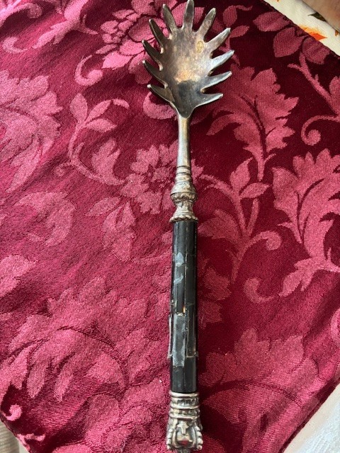 Vintage Pasta Server Black Horn Handle With Silver Plate Crown Tip